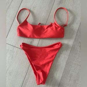 Skatie swim set in red. Maddie top and Kelly bottom.